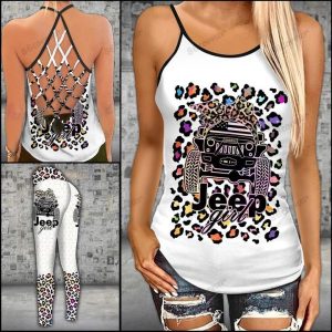 JEEP GIRL LEOPARD PATTERN CRISS-CROSS TANKTOP AND LEGGING SET BC89